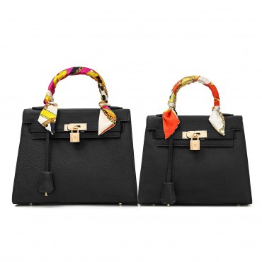 Rosaire « Capucine » Padlock Top Handle Bag Cowhide Leather Black Color 75163