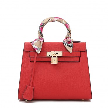 Rosaire « Capucine » Padlock Top Handle Bag Cowhide Leather Red Color 75163