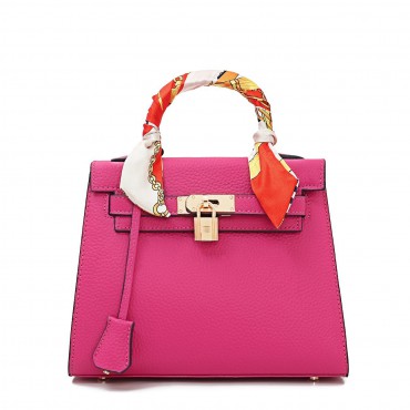 Rosaire « Capucine » Padlock Top Handle Bag Cowhide Leather Hot Pink Color 75163