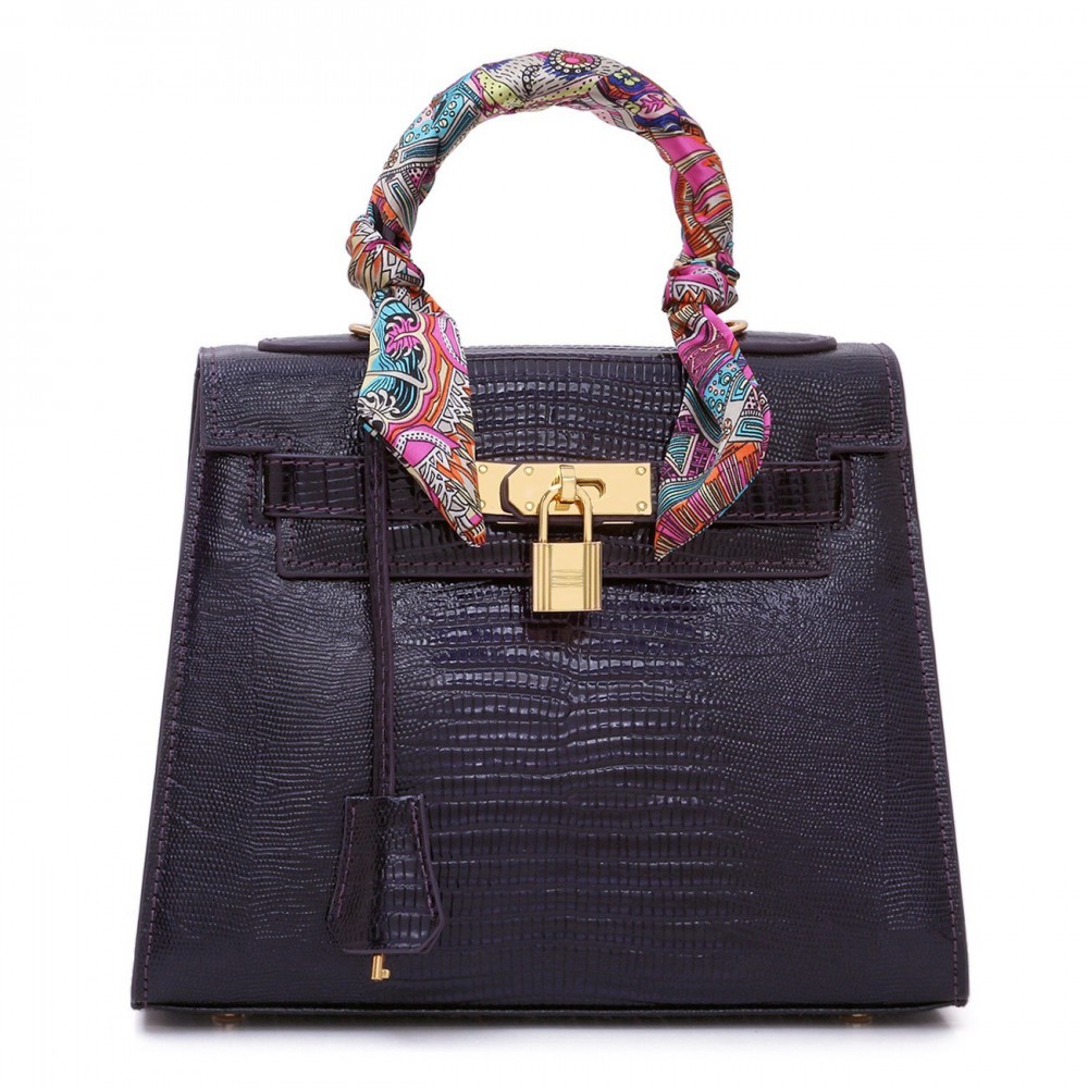 Rosaire « Capucine » Padlock Top Handle Bag Cowhide Leather with Lizard Pattern in Dark Blue Color 75164