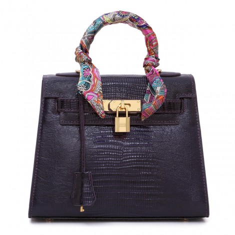 Rosaire « Capucine » Padlock Top Handle Bag Cowhide Leather with Lizard Pattern in Dark Blue Color 75164