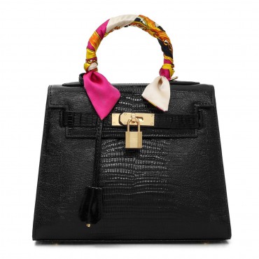 Rosaire « Capucine » Padlock Top Handle Bag Cowhide Leather with Lizard Pattern in Black Color 75164