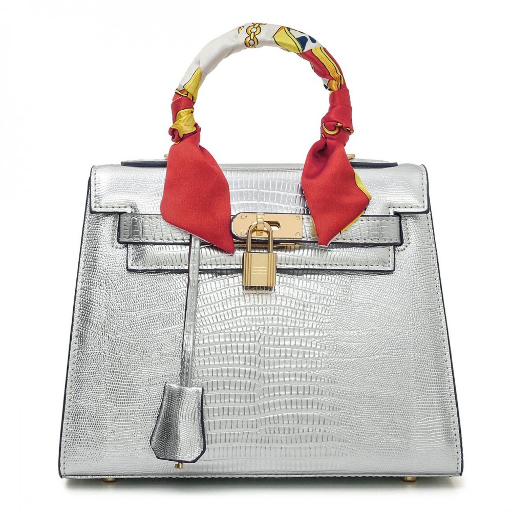 Capucine Sac à Main Cartable en Vrai Cuir de Vache Argent 75164