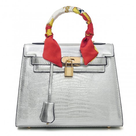 Rosaire « Capucine » Padlock Top Handle Bag Cowhide Leather with Lizard Pattern in Silver Color 75164