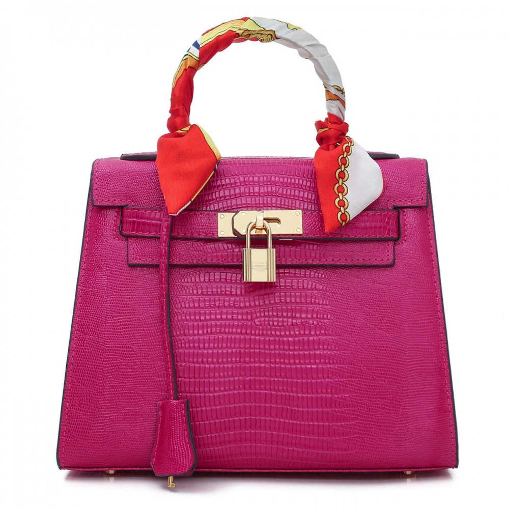 Capucine Top Handle Bag Cowhide Leather with Lizard Pattern and Padlock in Magenta Color / 75164