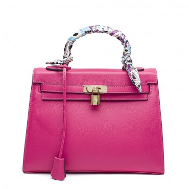 Rosaire « Capucine » Padlock Epsom Leather Top Handle Bag in Magenta Color 75165