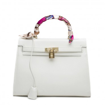 Rosaire « Capucine » Padlock Epsom Leather Top Handle Bag in White Color 75165