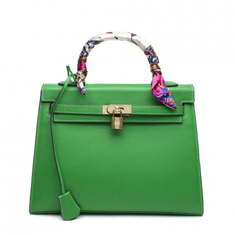 Rosaire « Capucine » Padlock Epsom Leather Top Handle Bag in Green Color 75165