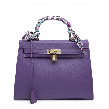 Rosaire « Capucine » Padlock Epsom Leather Top Handle Bag in Purple Color 75165