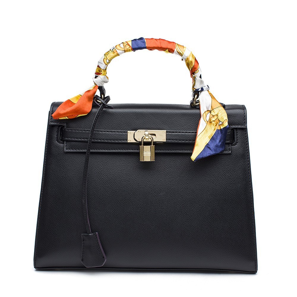 Rosaire « Capucine » Padlock Epsom Leather Top Handle Bag in Black Color  75165